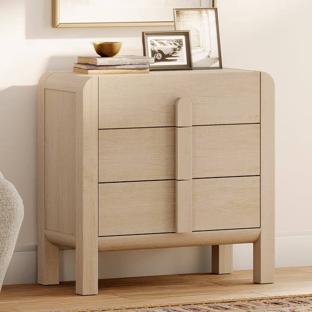WAMPAT Commode à 3 Tiroirs, Commode Moderne Mi-Siècle de 31,5 Pouces de Large, Commode en Bois avec Poignées Courbées, Chambre, Salon, Chêne Clair