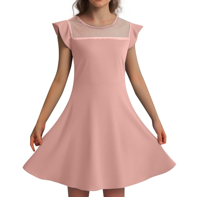 MIASHUI Girls Summer Casual Party Dress with Ruffle Sleeves and Mesh A-Line Design Featuring Convenient Pockets for Kids Pink,5-6 Years