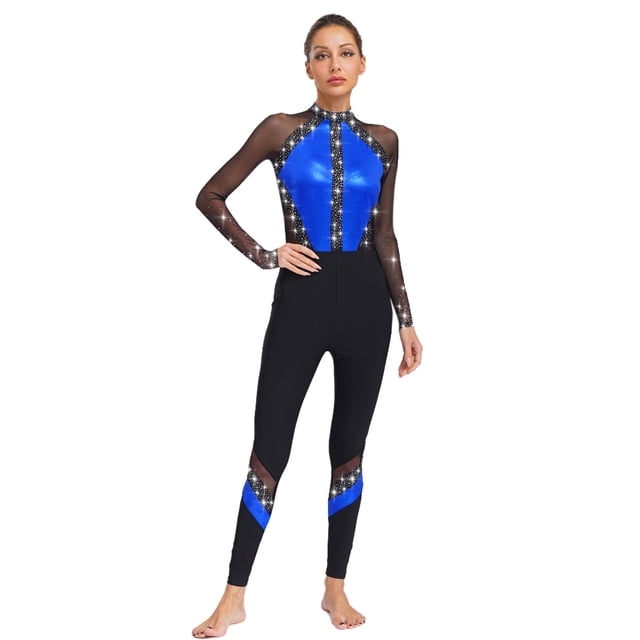 Jizyo Women's Long Sleeve Dance Unitard Shiny Rhinestone Full Body Suits One Piece Jumpsuits Blue M