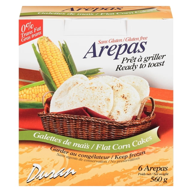 Brar's Duran Arepas Flat Corn Cake package showing six gluten-free flat corn cakes in a woven basket with corn cobs, labeled ready to toast, 560 g, 0% trans fat, no preservatives, ideal as a gluten-free alternative bread or light snack in the tortillas and flatbreads category.