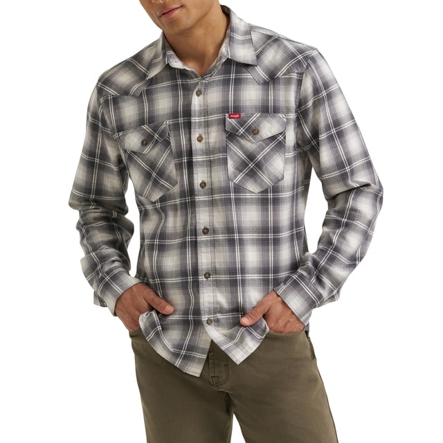 Wrangler® Men's Long Sleeve Plaid Shirt front-facing button-up western shirt with blue and red plaid pattern, pointed western yokes, two spade chest pockets, long sleeves and full button closure on a neutral background; woven fabric, suitable for casual or ranch wear.