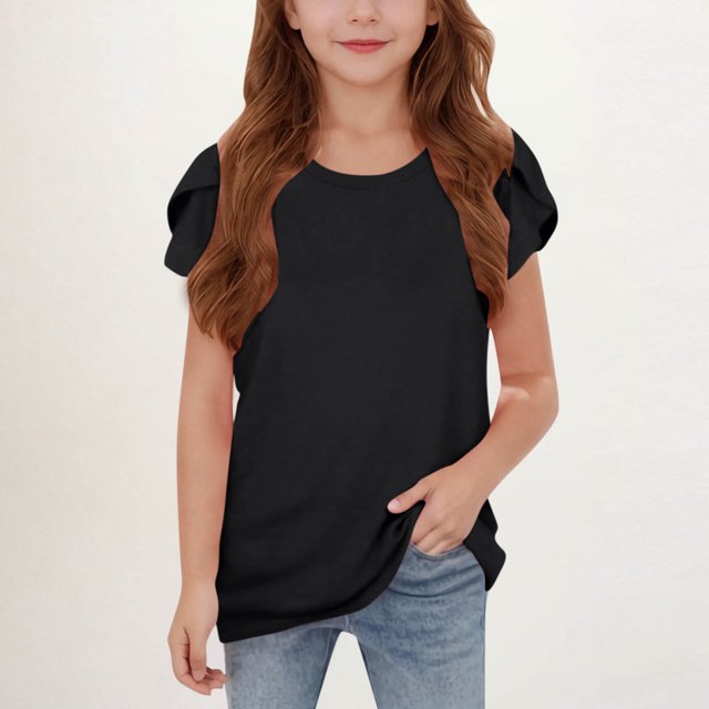WMTBSRSW Offres Prime Day Filles Mode Floral Manches Courtes T-Shirts d'Été Unis Basiques Décontractés Col Rond 5-14 Ans