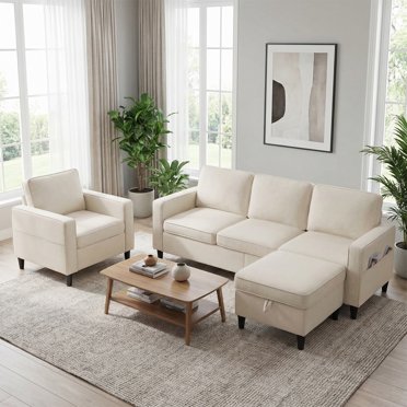 Puremind Canapé 2 Pcs avec Pouf de Rangement, Ensemble Moderne en Tissu de Lin avec Canapé et Fauteuil pour Salon/appartement/petit Espace, Beige