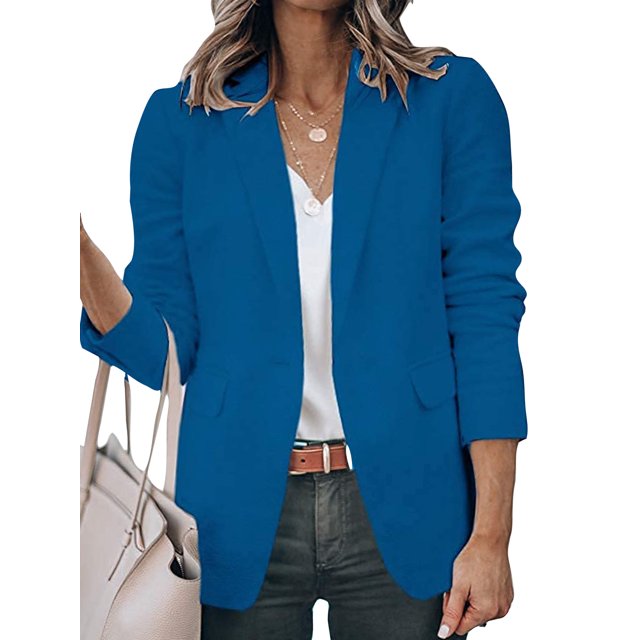Innerwin Blazers Solid Color Women Cardigan Jacket Work Shawl Neck Slim Fit Business Jackets Blue 2XL