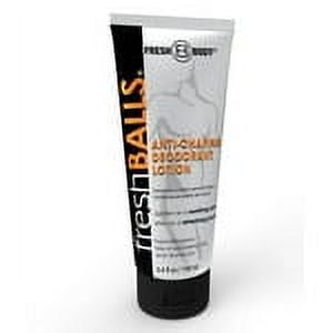 Fresh Body Fresh Balls Anti-Chafing Deodorant Lotion in a 3.4 oz tube. The product features a sleek black and white design with orange accents, highlighting its anti-chafing and deodorant properties. Ideal for preventing discomfort and moisture in sensitive areas, it contains soothing ingredients like aloe vera and menthol. The lotion dries to a powdery finish, offering long-lasting protection and a refreshing scent.