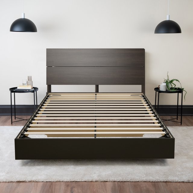 Floating Wood Bed with Headboard (Ebony and Black) - Full