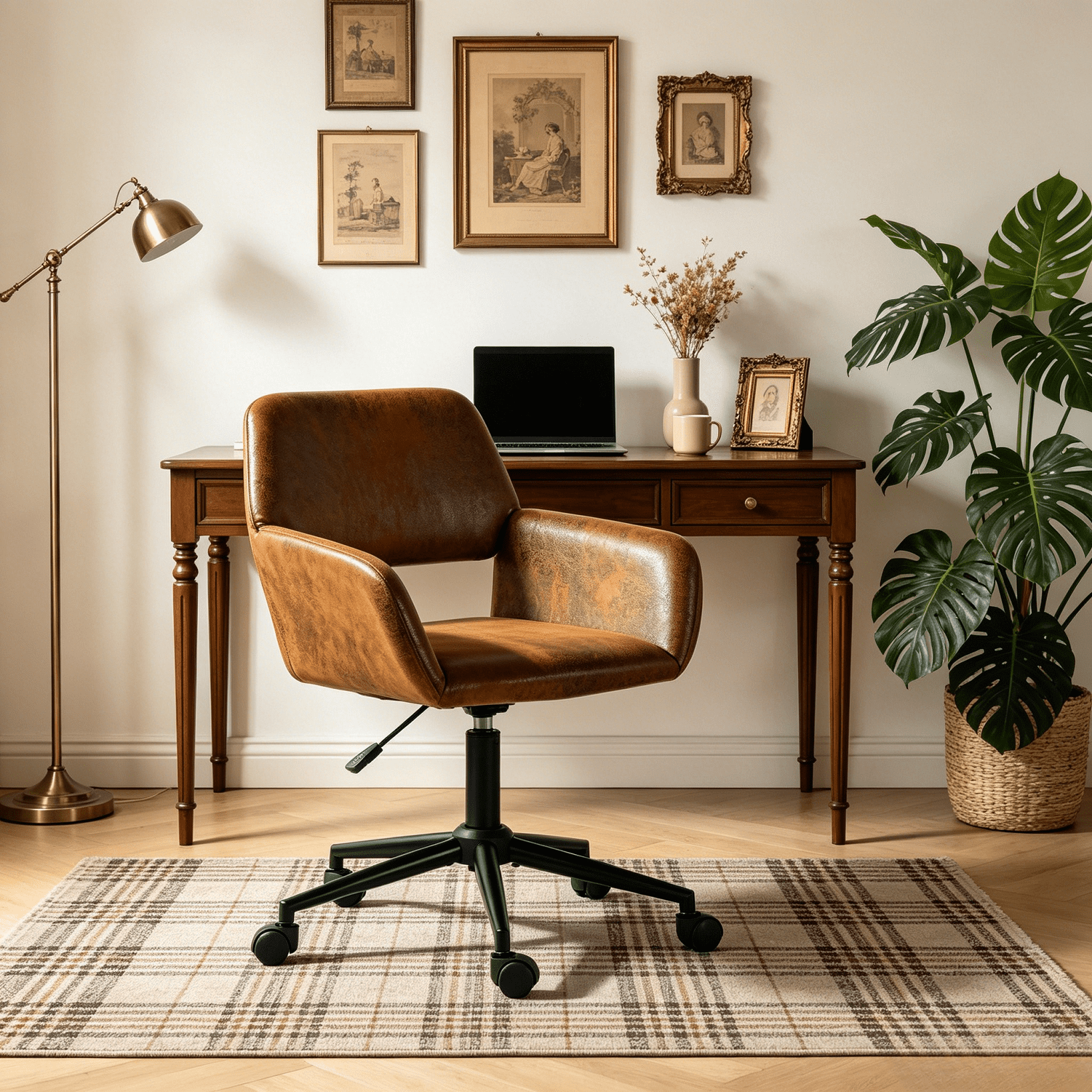 Homy Casa chaise de bureau vintage brune pivotante, aspect cuir, roulettes, accoudoirs, hauteur réglable
