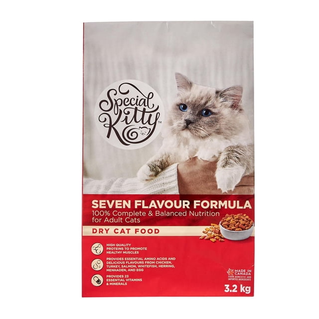 Special Kitty Nourriture Sèche pour Chats à Sept Saveurs Sac de 3,2 kg avec un Chat Duveteux aux Yeux Bleus sur le devant, Présentant une Formule à Sept Protéines Incluant Poulet, Dinde, Saumon, Merlu, Hareng, Haden et Oeuf, Offrant une nutrition Complète et Équilibrée et des Vitamines Essentielles pour Chats Adultes, Fabriqué au Canada.