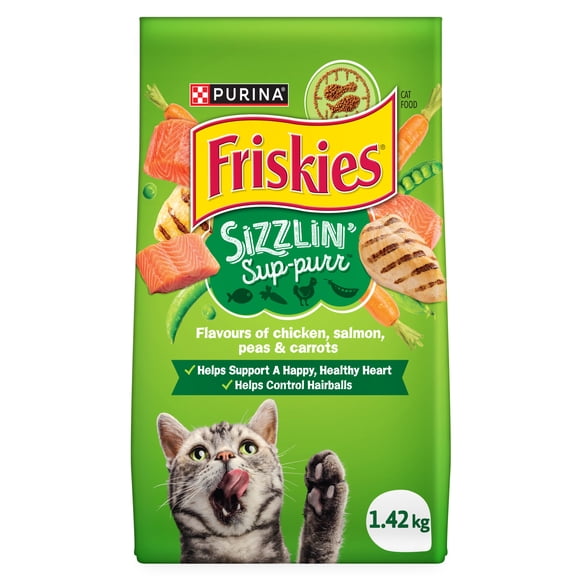 Purina Friskies Sizzlin’ Sup-purr Falvours of Chicken, Salmon, Peas & Carrots, Dry Cat Food, 1.42 kg