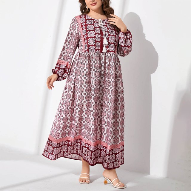 Ovzne Robes pour Femmes Robe Mode Grande Taille pour Femmes Style Ethnique Imprimé Col Rond Manches Longues Dentelle Taille Grand Ourlet Robe Robe de Vacances à Manches Longues Imprimée Liquidation