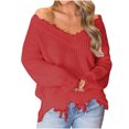 thumbnail image 1 of Dagegui Womens Off the Shoulder Sweater Solid V Neck Long Sleeve Loose Knitted Pullover Ripped Crop Top Red,S, 1 of 6