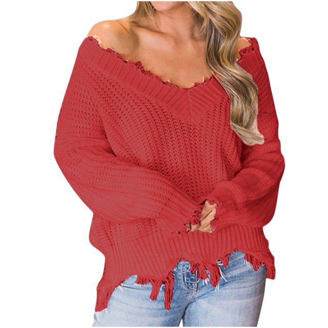 Dagegui Womens Off the Shoulder Sweater Solid V Neck Long Sleeve Loose Knitted Pullover Ripped Crop Top Red,S