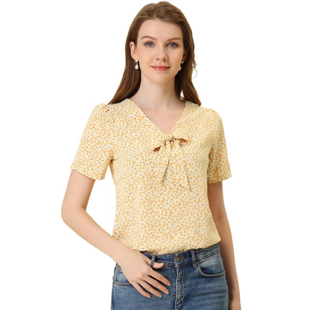 INSPIRE CHIC Blouse Droite Ample à Col en V à Nouer Imprimée pour Femme Jaune P