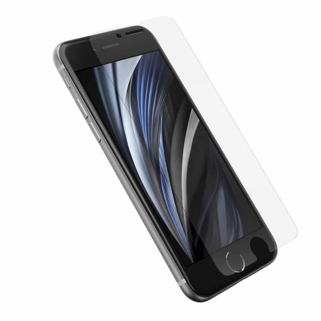 OtterBox Trusted Glass Screen Protector for iPhone SE/8/7/6S/6 shown as a clear tempered glass layer positioned over a black iPhone SE with a home button and a blue and black abstract wallpaper, providing scratch and fingerprint resistance while maintaining touch sensitivity for everyday screen protection.