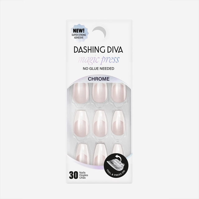 DD - MAGIC PRESS - GLAZED DONUT FRENCH sheer nude press-on gel nails with white french tips and shimmery chrome effect, medium length, glossy finish, waterproof and durable with pressure-sensitive adhesive for no-glue application, 30 nails per pack, suitable for quick natural-looking manicures