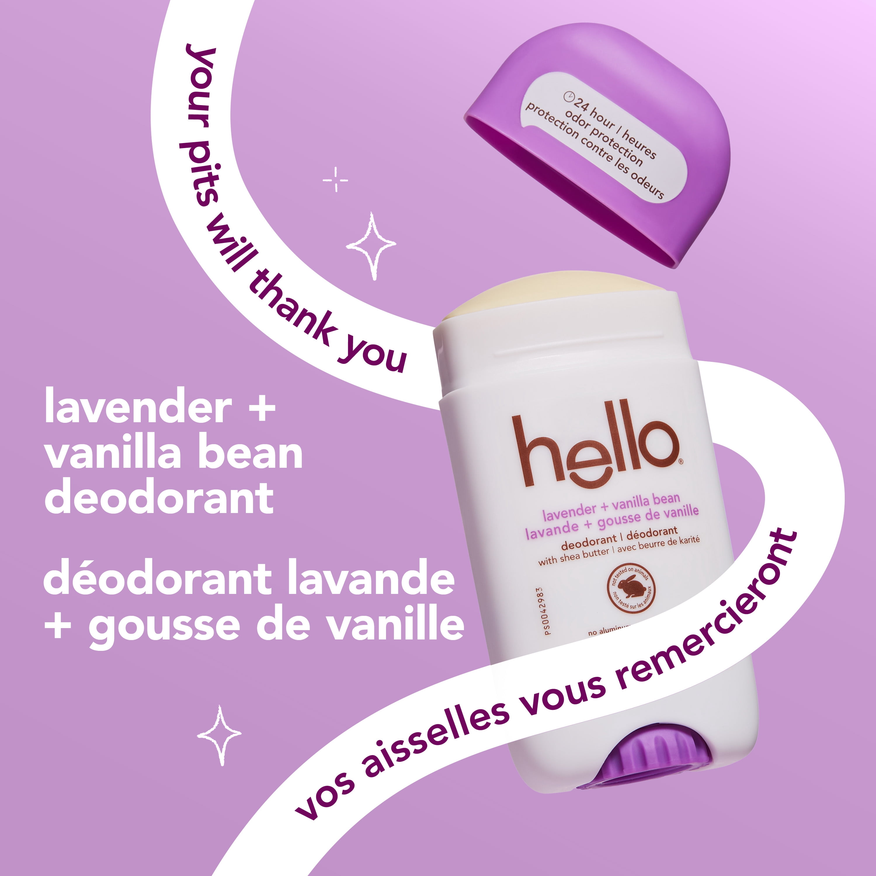 Déodorant Hello sans aluminium homme/femme, lavande et vanille, stick 73 g