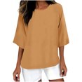 thumbnail image 3 of QATAINLAV Ventes Prime de la Rentrée, T-Shirts Surdimensionnés pour Femmes Manches 3/4 Col Rond Hauts Décontractés Amples T-Shirts Basiques Blouse en Coton et Lin Tenues Tendance Été 2025 Café TG, 3 of 5