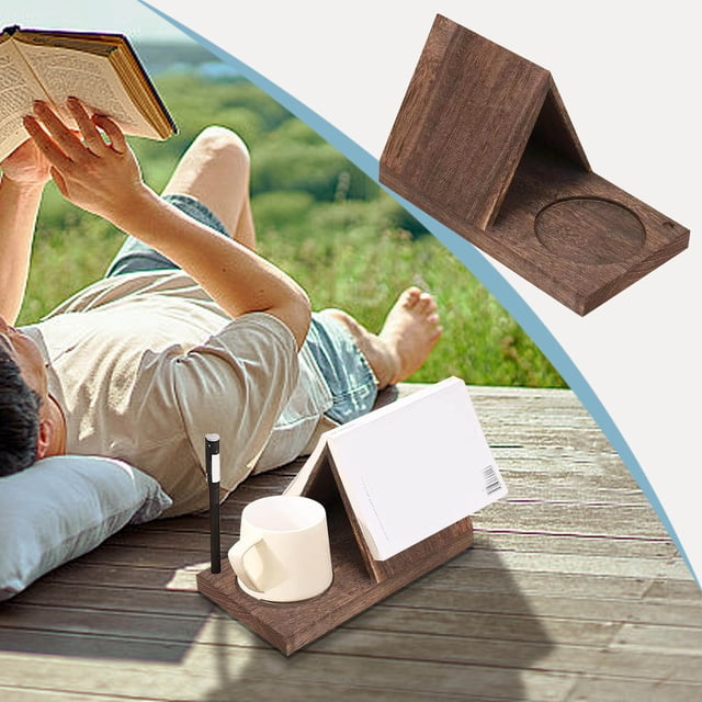 Fwttom Home Wooden Triangular Reading Shelf with Cup Base Book Wooden Ornament Solid Wood