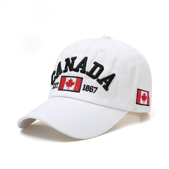 GDREDA Mens Caps Hats Canada Baseball Cap in white, featuring embroidered 'Canada' text, a maple leaf flag, and 'Est. 1867' on the front. The cap also displays Canadian flags on both sides. Made of polyester, it is adjustable to fit head sizes 54-59cm (21.26-23.23 inches).
