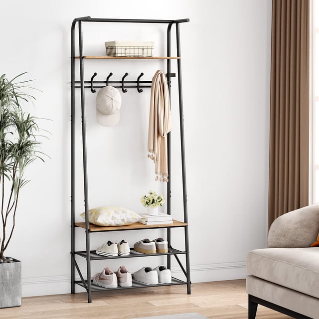 Coat Rack Shoe Bench, 4-in-1 Hall Trees Entryway Bench with Coat Rack and Shoe Rack, Wood Look Accent Furniture with Steel Frame Storage Shelf and Hanging Bar, Industrial, Rustic Brown & Black