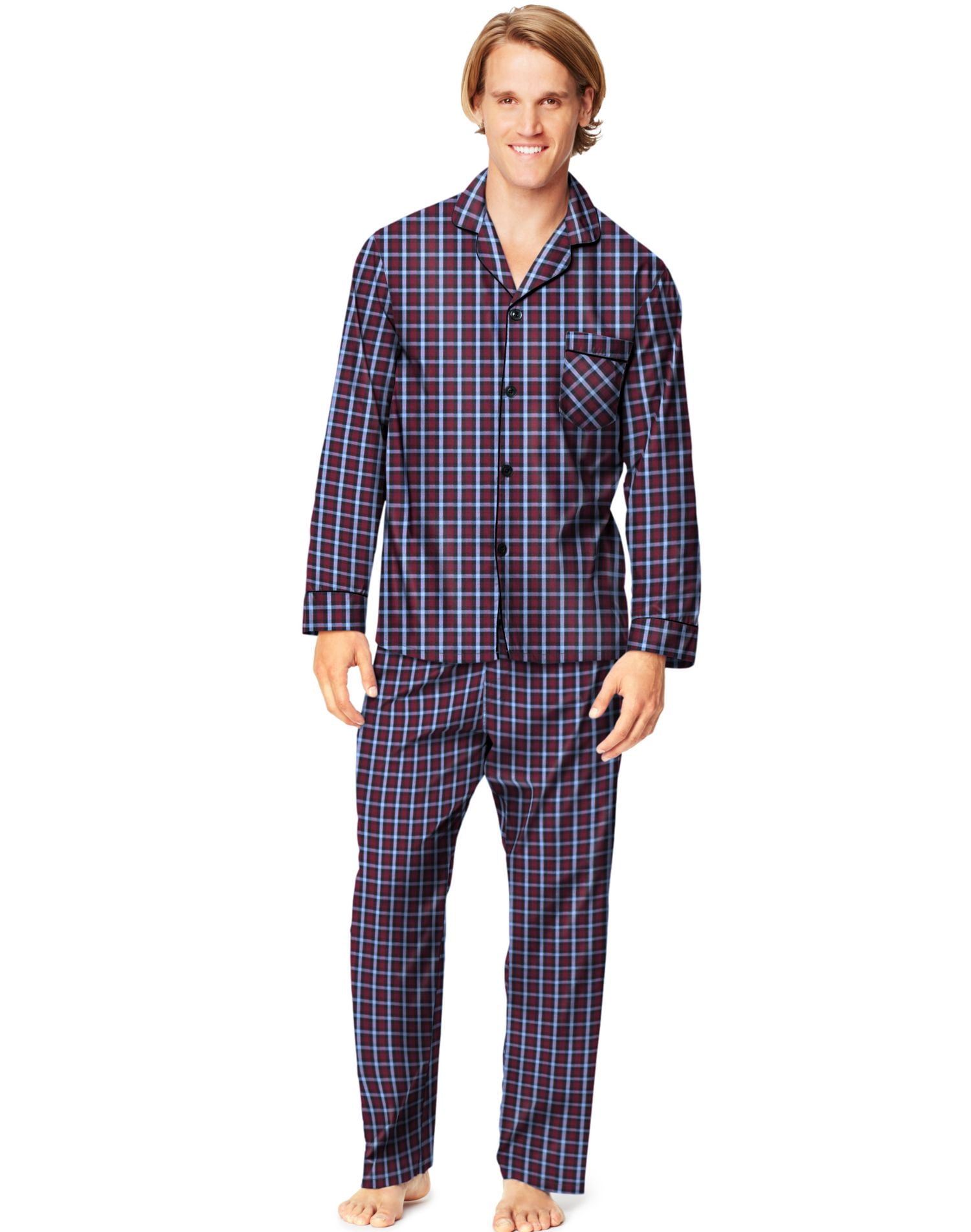 Hanes Mens Woven Pajamas, L, Burgundy Plaid