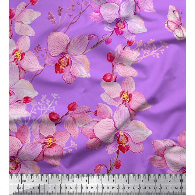 Soimoi polyester Crepe Fabric Bird & Orchids Flower Print Sewing Fabric Yard 42 Inch Wide