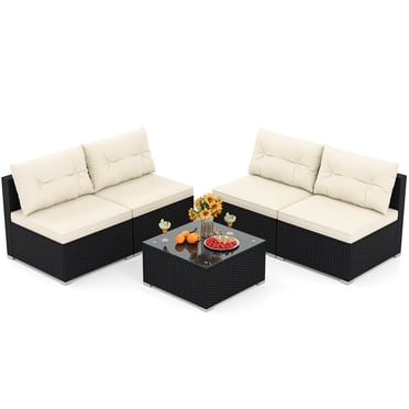 Topbuy Ensemble de Mobilier de Patio 5 Pcs Ensemble de Canapé en Rotin d'Extérieur avec Coussins d'Assise et de Dossier Table Basse Carrée Pratique
