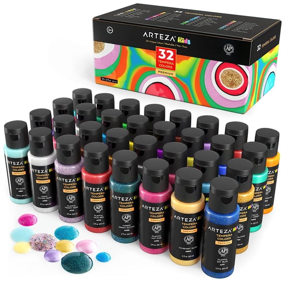 Arteza Tempera Washable Paint for Kids, Set of 32, 2.03oz/60ml Bottles, Poster Paint for Halloween Pumpkin Painting, Craft Projects, Sponge Painting & Finger Painting, Includes Neon, G