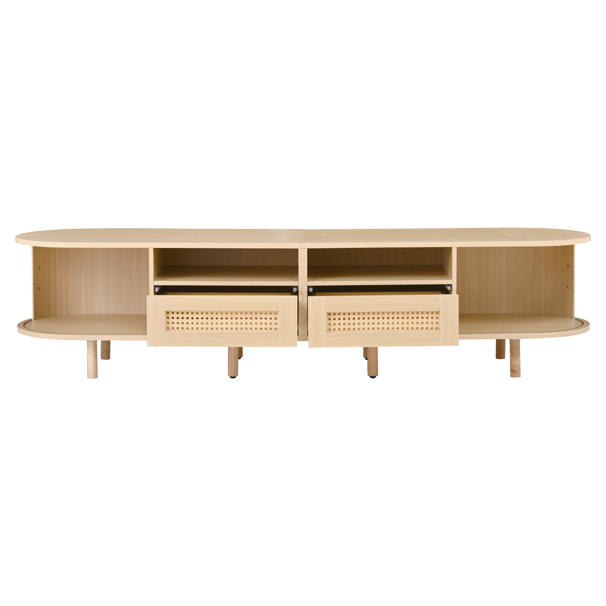 Homy Casa TV Stand for TVs up to 65", 64.9" Modern Media Console with 2 Drawers, 2 Cabinets & Open Shelves, Natural Oak