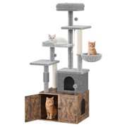 Cat Tree with Litter Box Enclosure Large, Multilevel Cat Play House with Large Condo, Spacious Hammock, Cozy Top Perch,Scratching Post and Dangling Balls,Wooden Cat Furniture for Indoor Cats,Brown