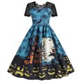 thumbnail image 1 of EGNMCR Robe d'Halloween pour Femmes Vacances Vintage Citrouilles Château Imprimé Dentelle Patchwork Col Rond Manches Courtes Corset Ourlet Froncé Robes Midi Décontractées, 1 of 8