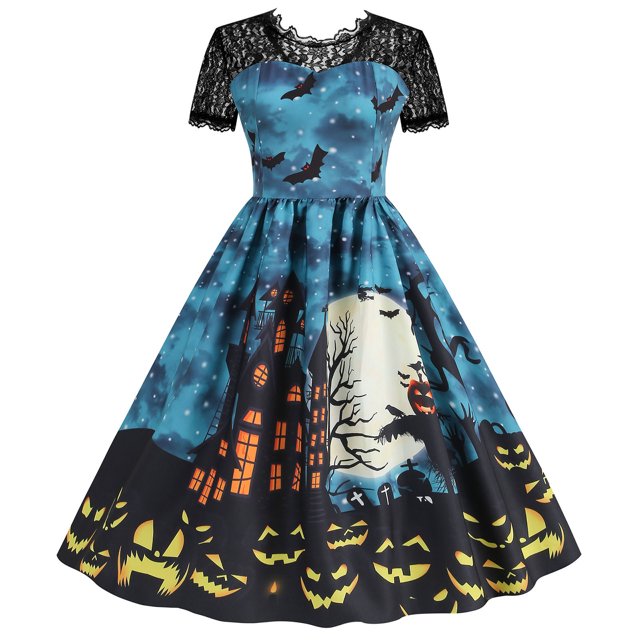 EGNMCR Robe d'Halloween pour Femmes Vacances Vintage Citrouilles Château Imprimé Dentelle Patchwork Col Rond Manches Courtes Corset Ourlet Froncé Robes Midi Décontractées
