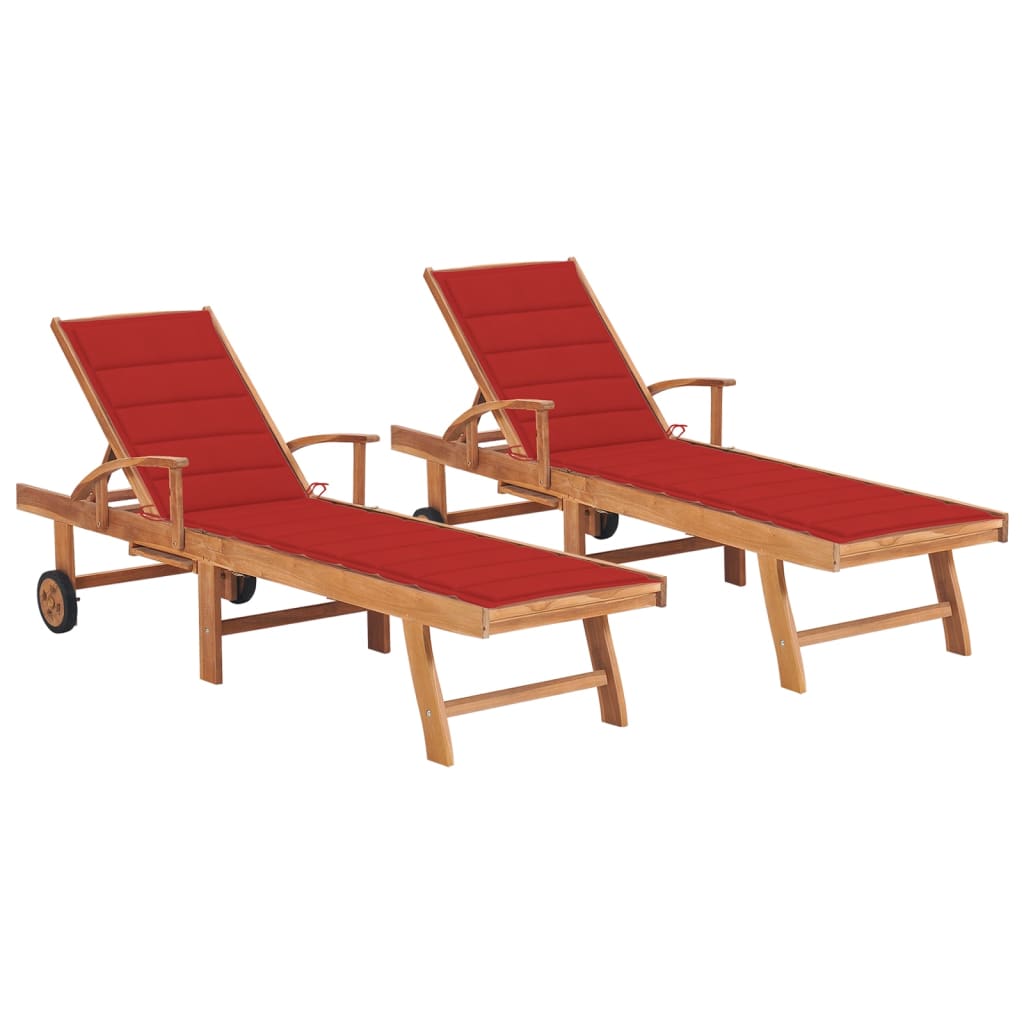 vidaXL Chaises Longues 2 Pcs avec Coussin Rouge en Bois de Teck Massif
