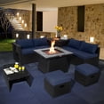 thumbnail image 2 of Patiojoy 9 Pieces Outdoor PE Rattan Wicker Sectional Sofa with 35-Inch Gas Fire Pit Table Space-Saving Patio Conversation Set with Storage Box Navy, 2 of 10