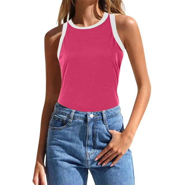 HBFAGFB Débardeurs pour Femmes Mode Col Rond Sans Manches Hauts Ajustés Légers Polyvalents Camisole Rose Vif Taille g