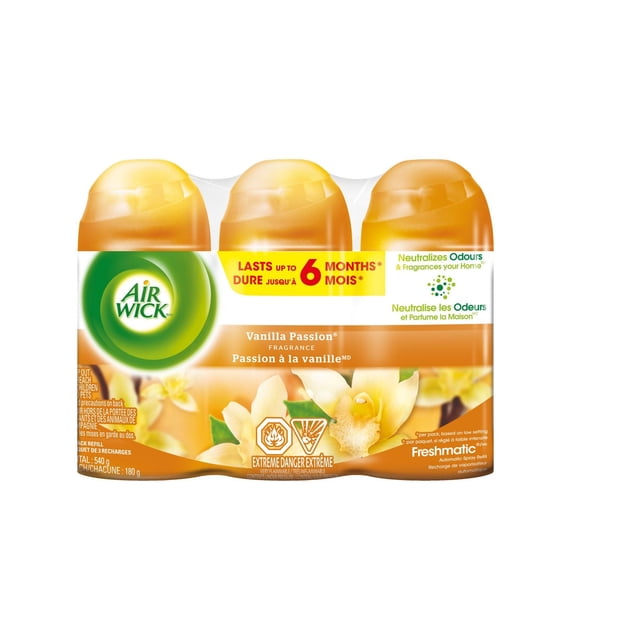 Air Wick Freshmatic Air Freshener automatic spray refills, Vanilla Passion scent, 3-pack with orange-yellow caps and vanilla flower design, neutralizing odors and providing continuous fragrance for up to 6 months, ideal for use in various home rooms.