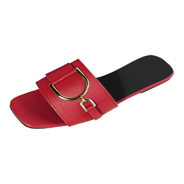 IUJSOY Womens Flat Sandals Summer Comfortable Square Open Toe Slip on Leather Slide Sandals