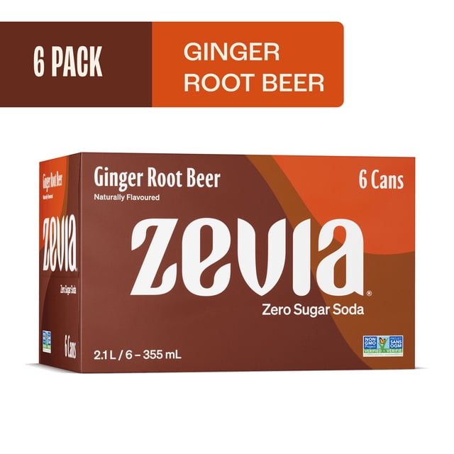 Zevia Ginger Root Beer 6 pack box containing six 355 ml cans of zero sugar soda pop, naturally flavoured, with brown and orange packaging and Non-GMO Project Verified label, totaling 2.1 L.
