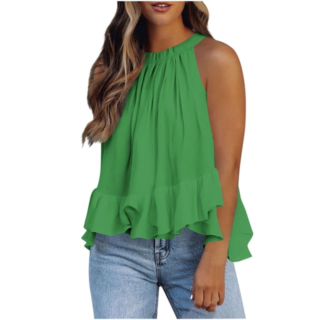 Weiqiqre Women's Clothing Adjustable Tie Neckline Ruffle Hem Sleeveless Flowy Halter Tops