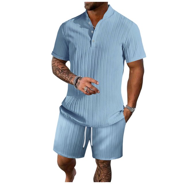 Birdeem Mens Stand Collar Button Blouse Short Sleeve Elastic Waist Lace-Up Lapel Suit