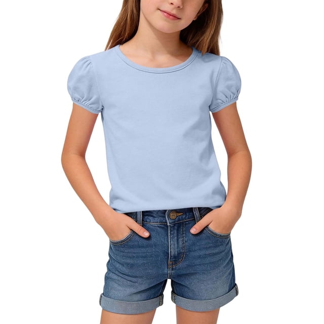 hengsof T-Shirts à Manches Courtes Bouffantes pour Filles, Col Ras du Cou, Coton Uni, Respirant, T-Shirt Décontracté d'Été, Hauts pour Enfants de 1 à 15 Ans