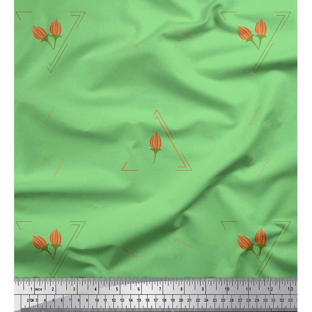 Soimoi Green polyester Crepe Fabric Flower Buds & Triangle Geometric Print Fabric by the Yard 52 Inch Wide