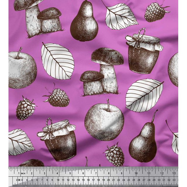 Soimoi Poly Georgette Fabric Mushroom, Pear Fruits Printed Fabric 1 Yard 52 Inch Wide