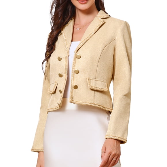 INSPIRE CHIC Dressy Casual Tweed Jacket for Women's Elegant Double Breasted Long Sleeve Crop Blazer M Apricot