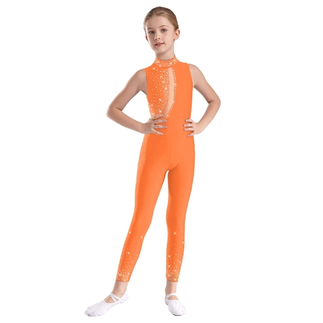 Venjoe Combinaison de Gymnastique Sans Manches pour Filles Enfants avec Strass Orange 10