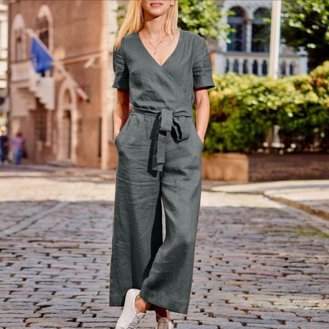 LSLJS Women's Cotton Linen Loose Sleeveless Jumpsuits Spaghetti Strap Stretchy Solid Jumpsuit with Pockets