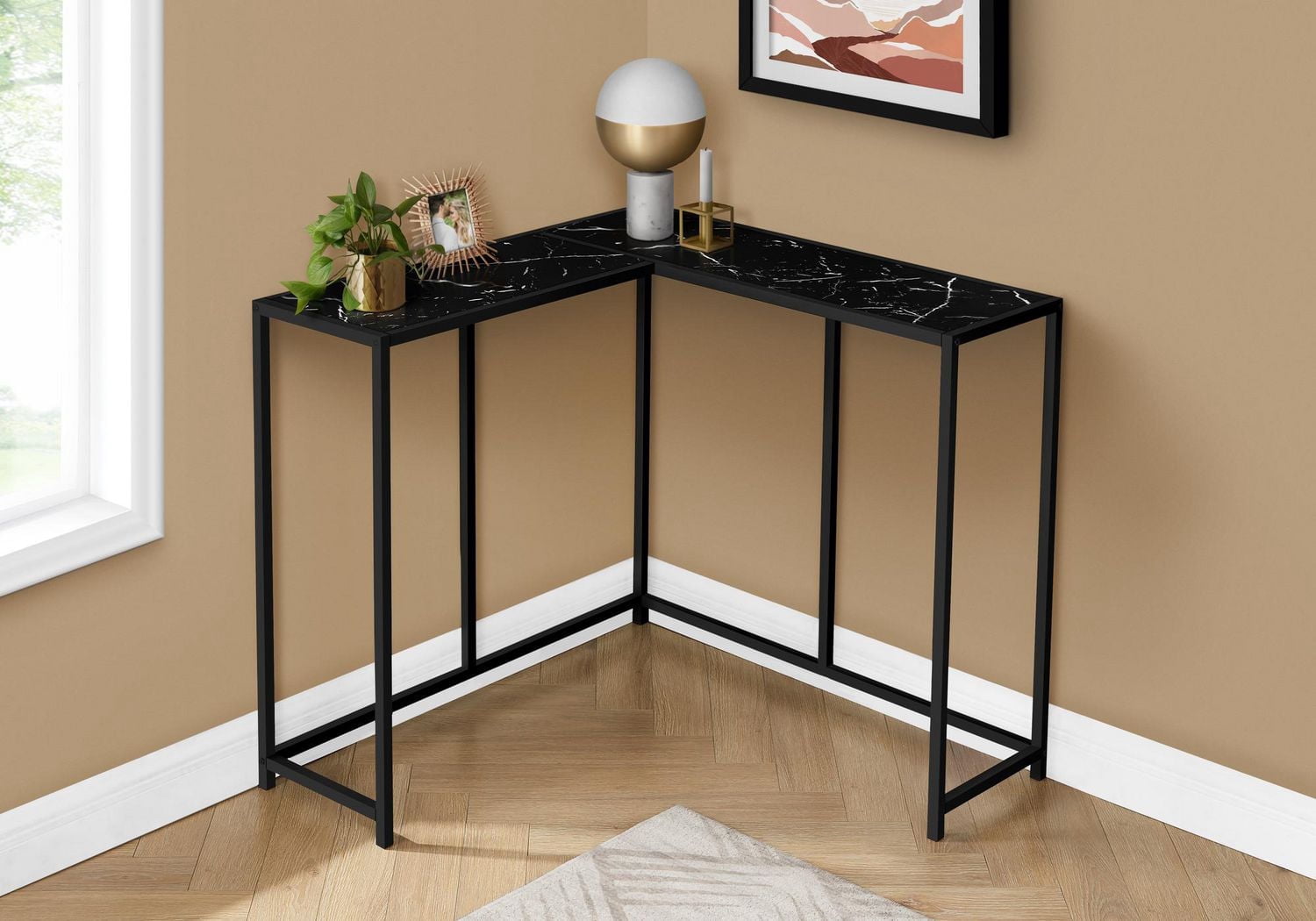 Monarch Specialties Table D'appoint, Console, Entrée, Étroit, Coin, Salon, Chambre À Coucher, Métal, Stratifié, D'aspect Marbre Noir, Contemporain, Moderne