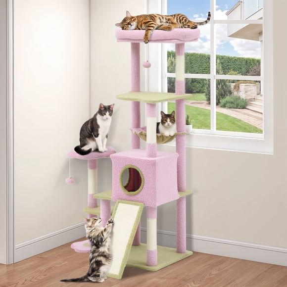 Dextrus 61" Tall Flower Cat Tree Tower, Indoor Cute Cat Climbing Tower with Cat Condo, Hammock, Cute Sisal Scratching Posts and Perches, Pink