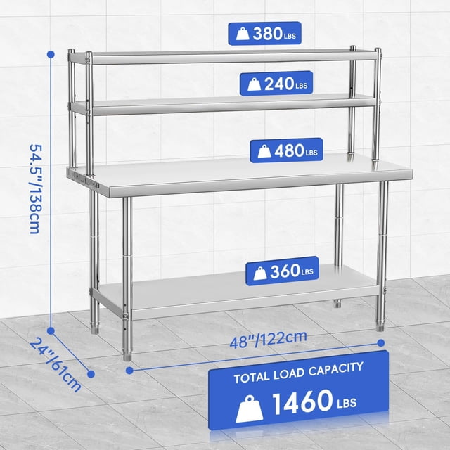 Kojooin Table de Travail en Acier Inoxydable Robuste avec Tablette de Rangement, Crochets et Tablettes Supérieures Ajustables pour la Préparation de Cuisine