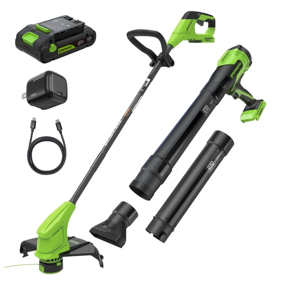 Greenworks Souffleur 24V 12 Pouces Sans Balais et 270 CFM, Batterie 2,0 Ah avec Chargeur Type‐C 30 W et Câbles de 3 Pi Inclus